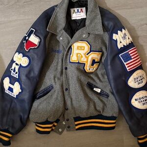 Gray and Navy Varsity Jacket with Patches
